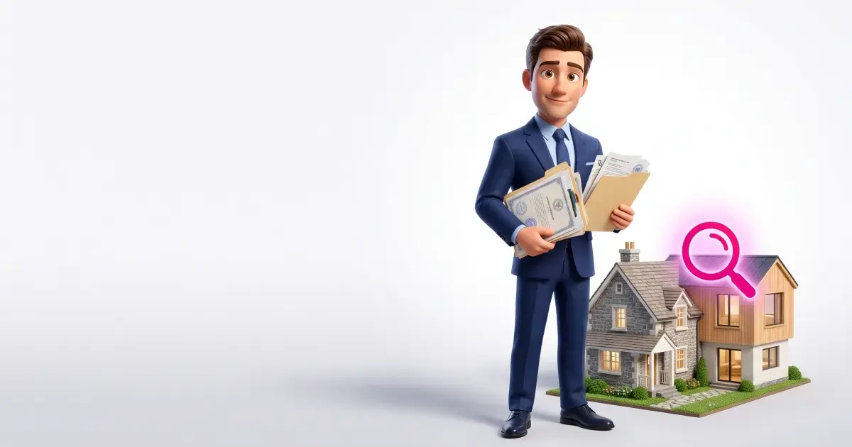 A conveyancer examining building regulations paperwork for a house extension