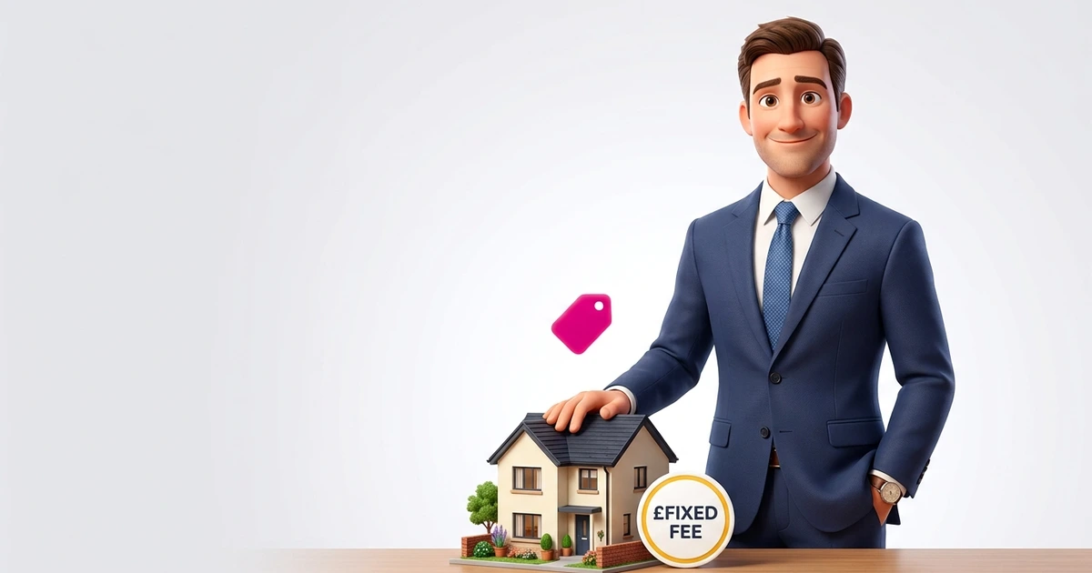A conveyancer beside a house model showing a fixed price quote