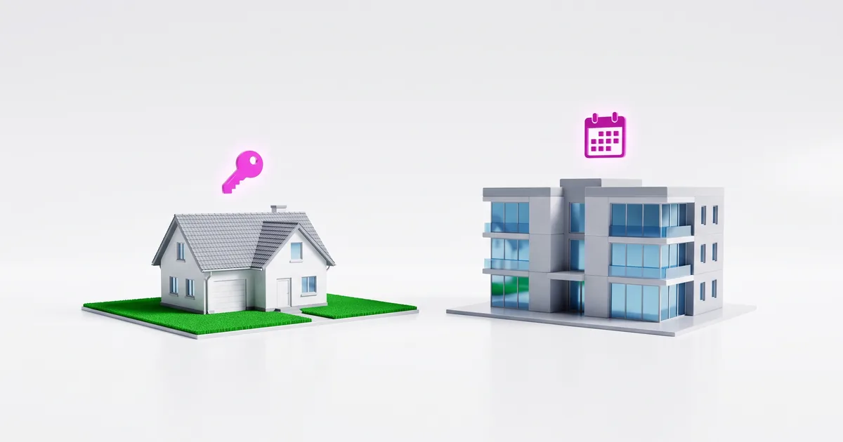 A house and an apartment block side by side, illustrating freehold and leasehold ownership