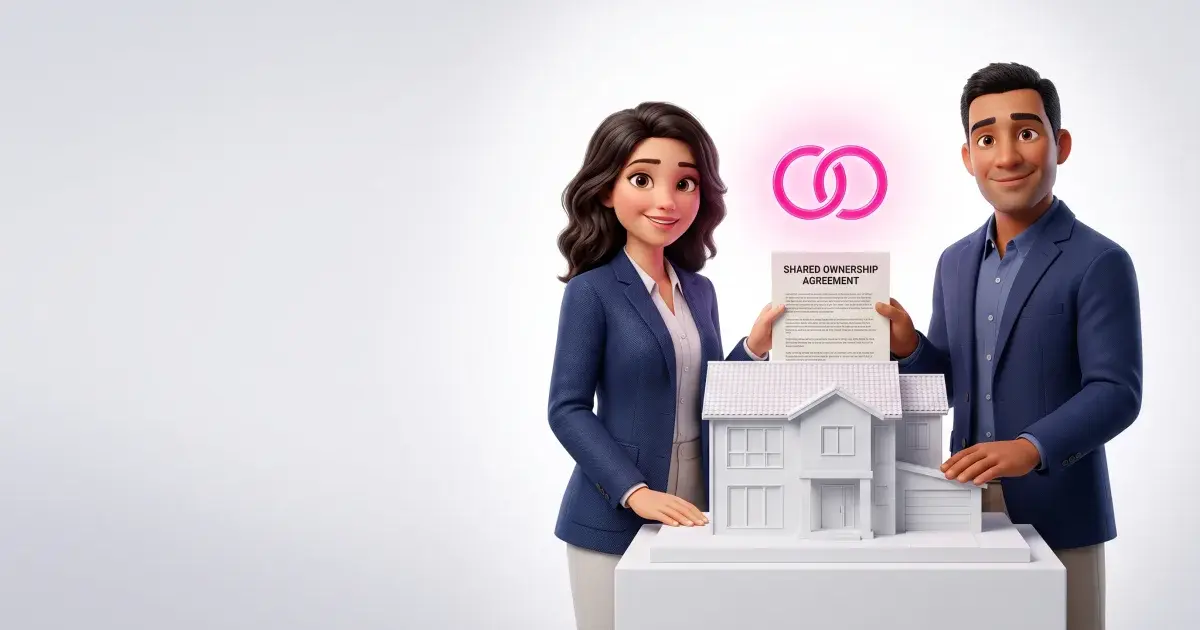 Two joint property owners reviewing an ownership declaration with a conveyancer