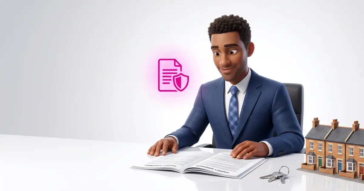 A landlord reviewing a tenancy agreement and a set of rental property keys at a desk