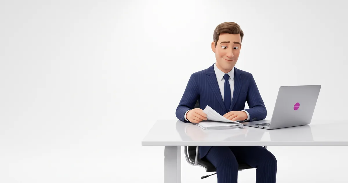 A conveyancer at a desk reviewing property title documents on a laptop
