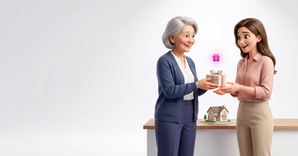 A person handing a gift box to a family member with a house model on the table