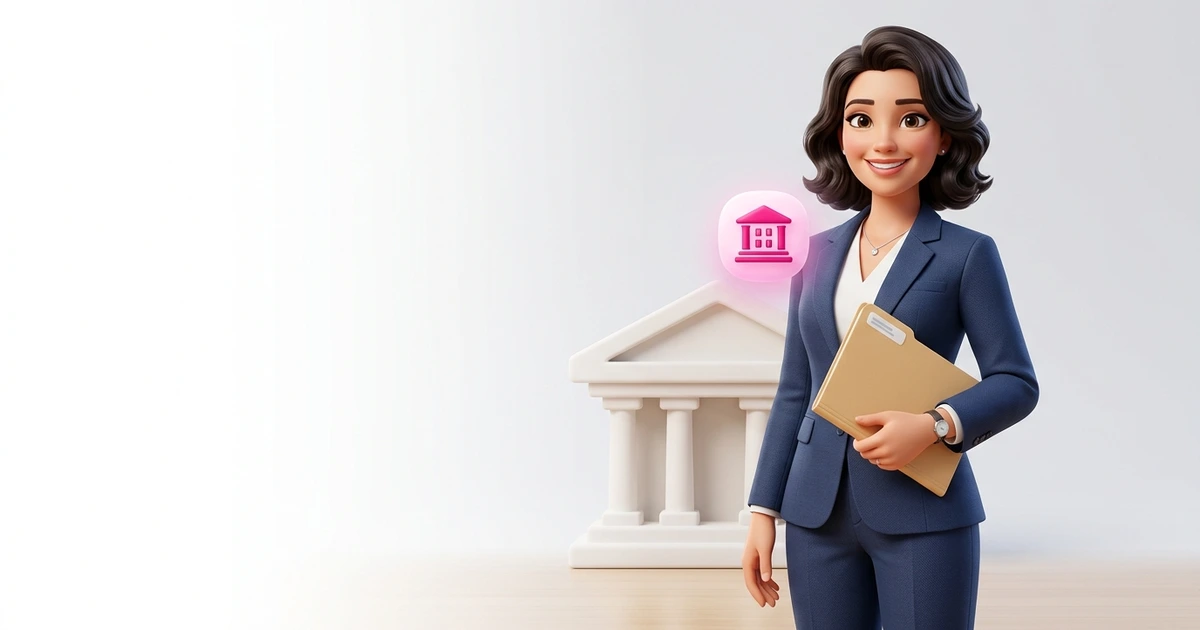 A woman standing beside a stylised bank building icon holding a folder of mortgage documents