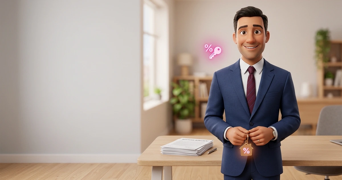 A man holding a house key with a mortgage interest rate icon beside him