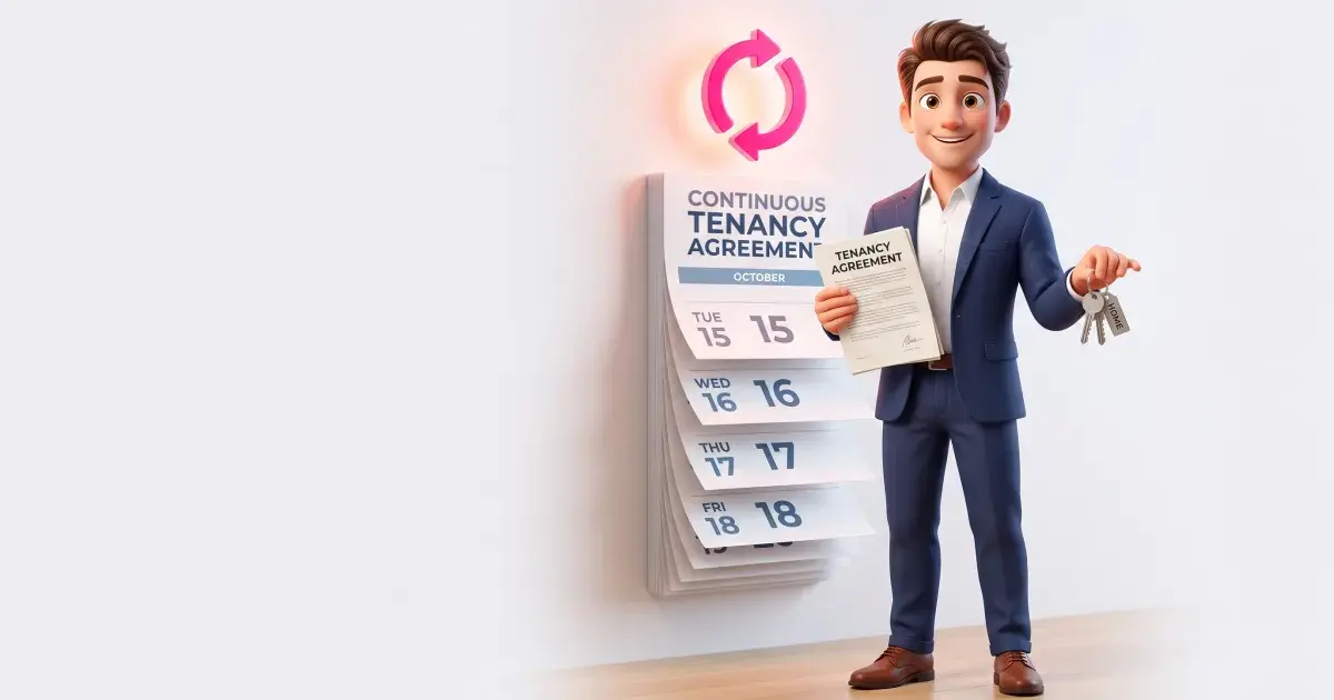 A tenant and landlord reviewing a rolling tenancy agreement beside a calendar