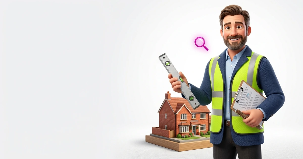 A surveyor holding a clipboard and measuring tool beside a house model