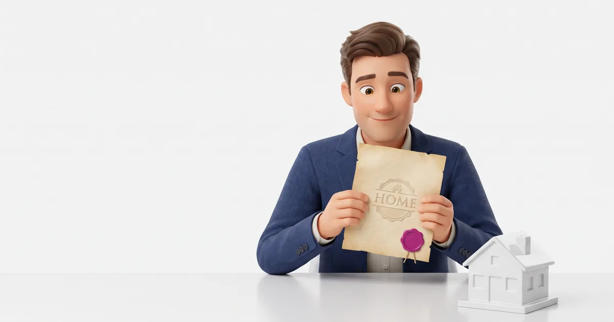 A homeowner examining a property title deed document with a small house model on the desk