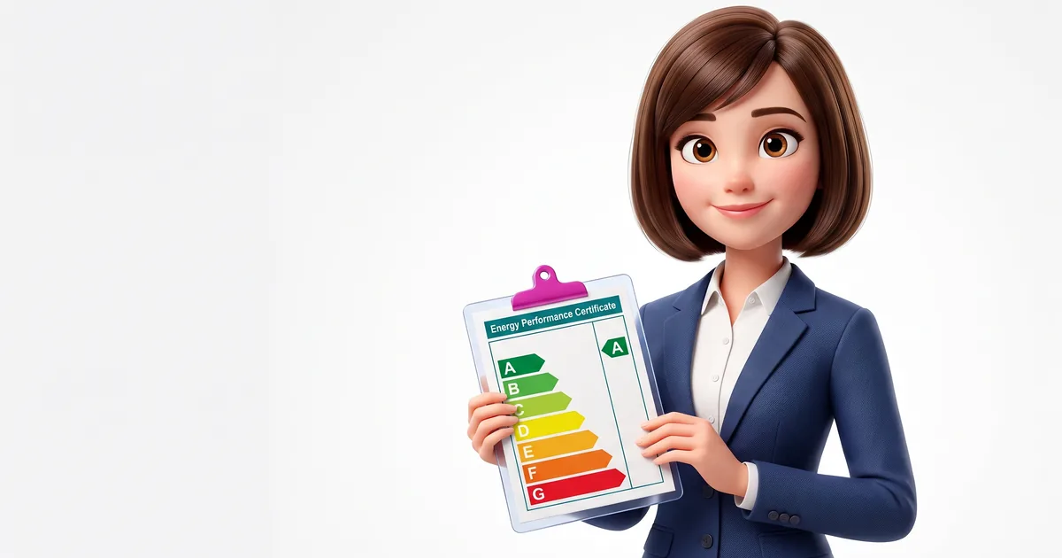 An energy assessor holding an EPC certificate showing a colour-coded efficiency rating