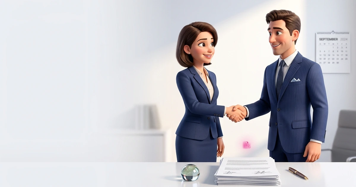 A buyer and seller exchanging signed contracts with a completion date calendar on the desk
